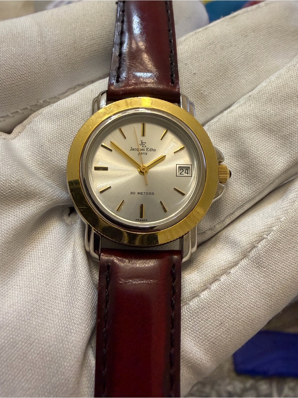 Vintage Jacques Edho Paris 30mm Two Tone Quartz Date Watch 18K Gold Plated JE790
